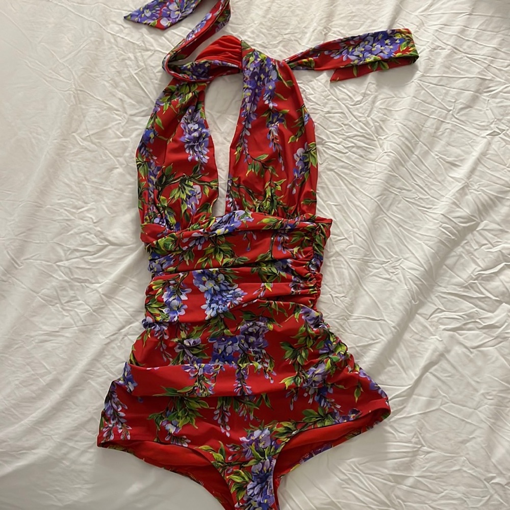 Dolce and Gabbana red floral halter one piece xs
